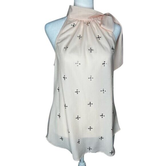 New York & Company Peach Sleeveless Embellished Bow Tie Blouse Medium - Picture 9 of 14